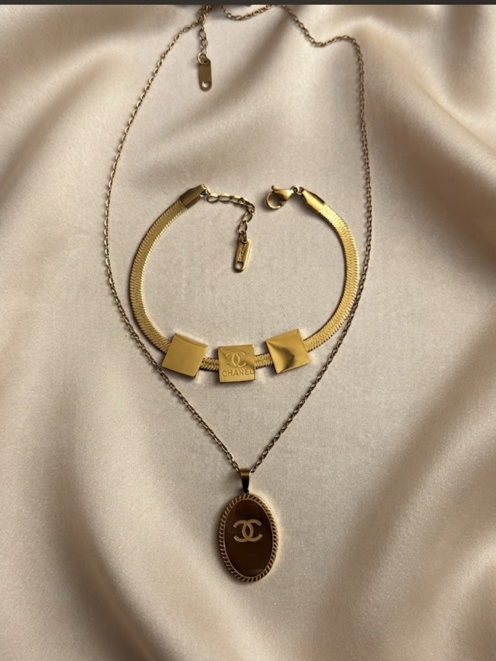 New Gold-Tone Double Layer Necklace and Bracelet Set with CC Pendant